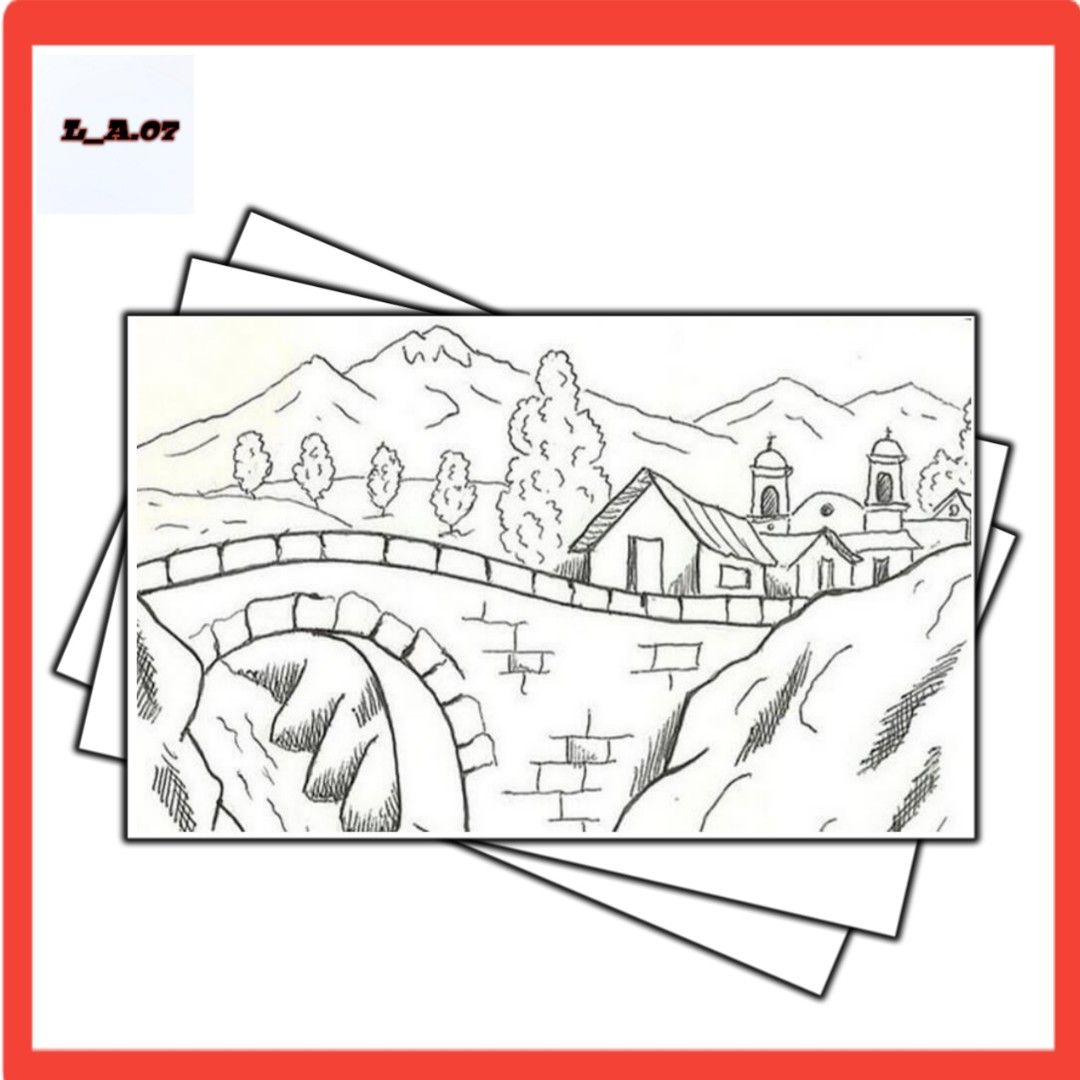 Gambar sketsa mewarnai/tema pemandangan/drawing/sketsa pemandangan