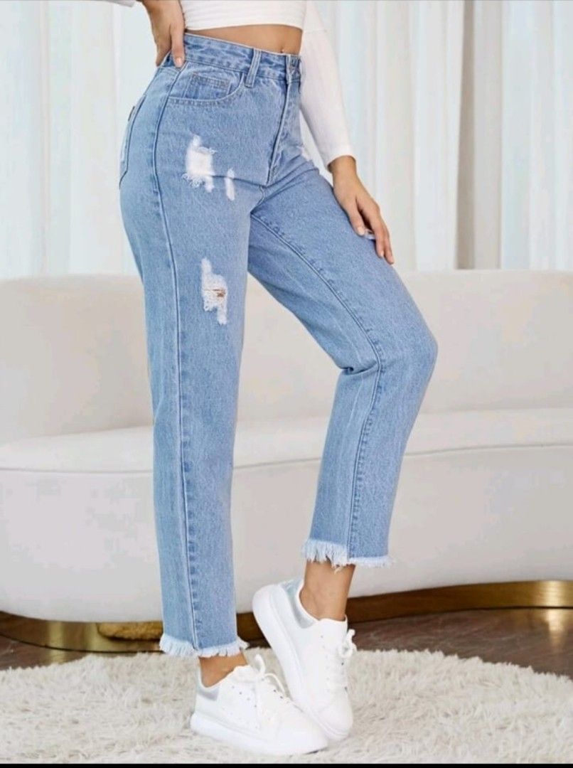 High Waist Ripped Raw Hem Jeans Women s Fashion Bottoms Jeans
