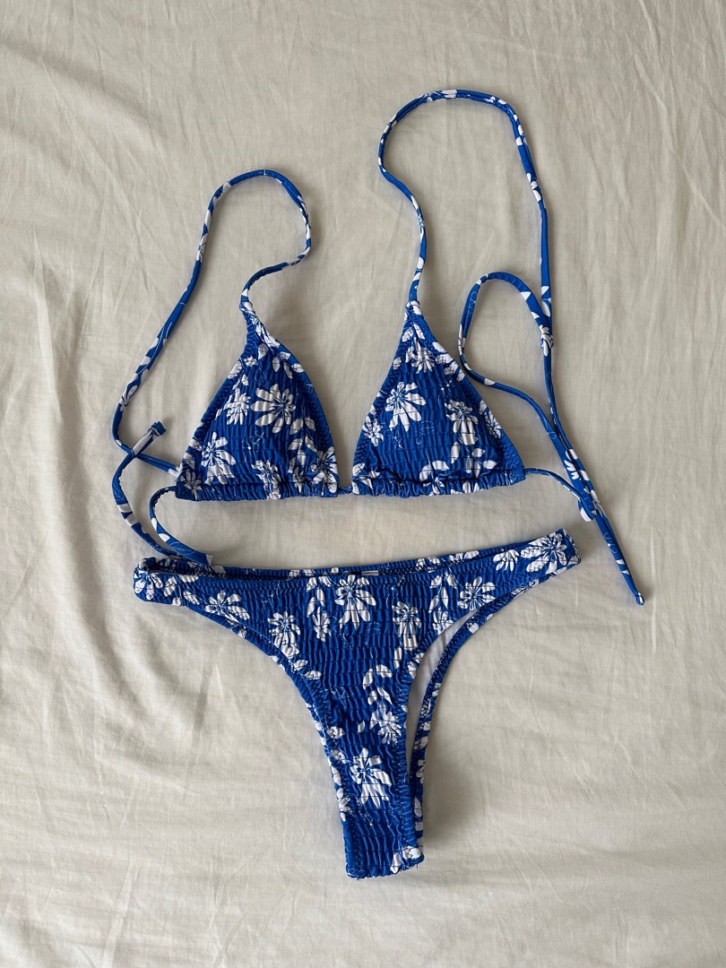 Ivana Swimsuit Blue Floral Halter Tie Back Small Two Piece Bikini ...