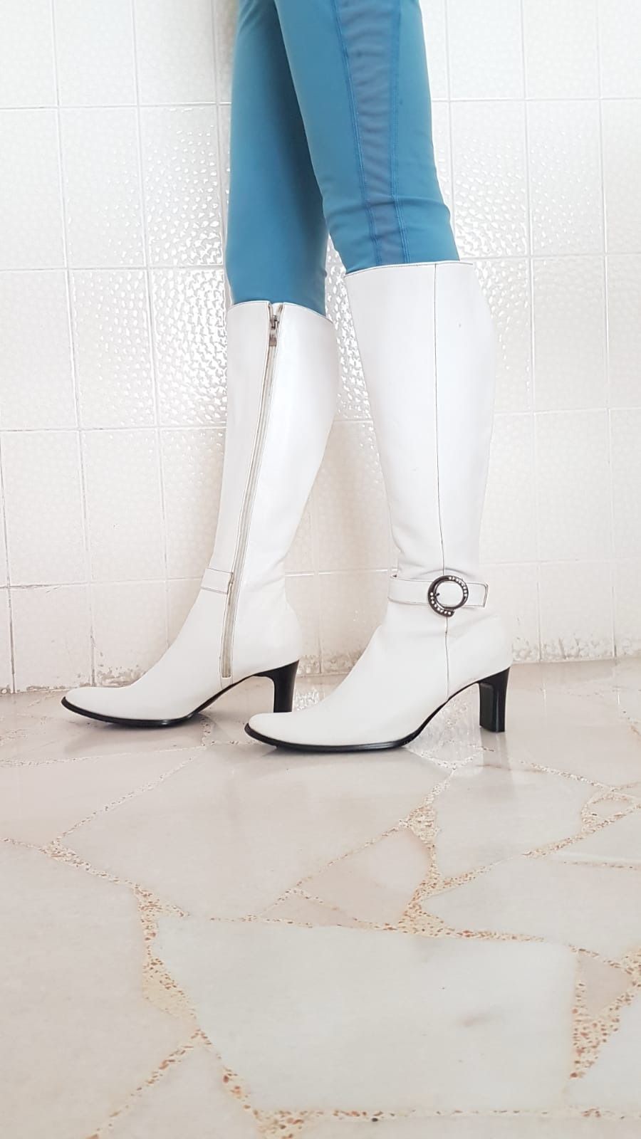 White knee clearance high stiletto boots