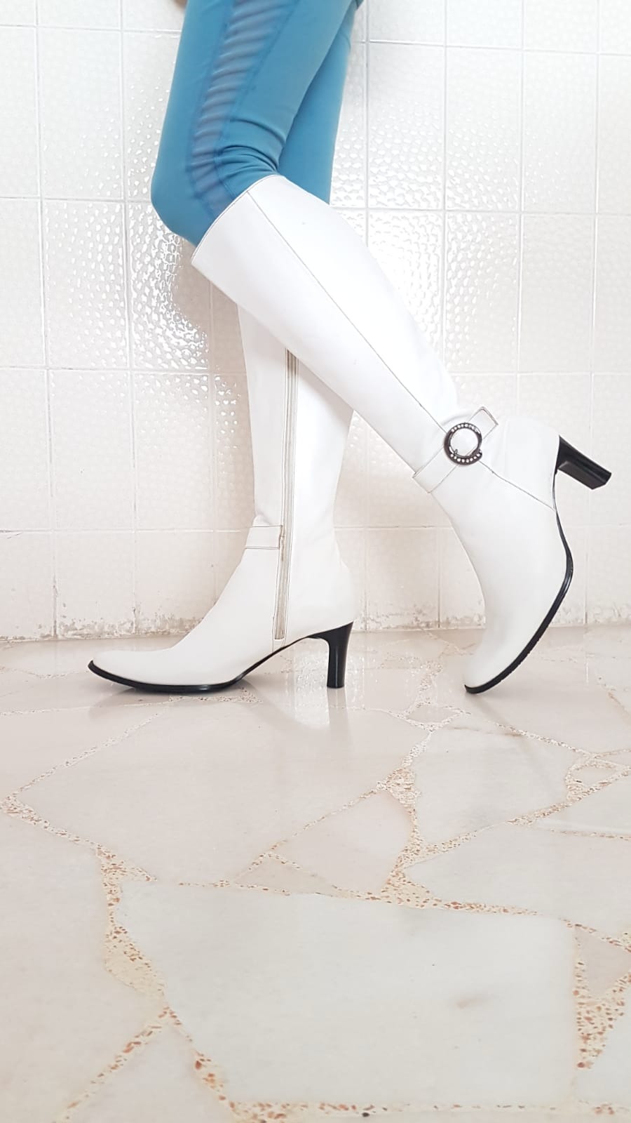 White leather thigh boots top
