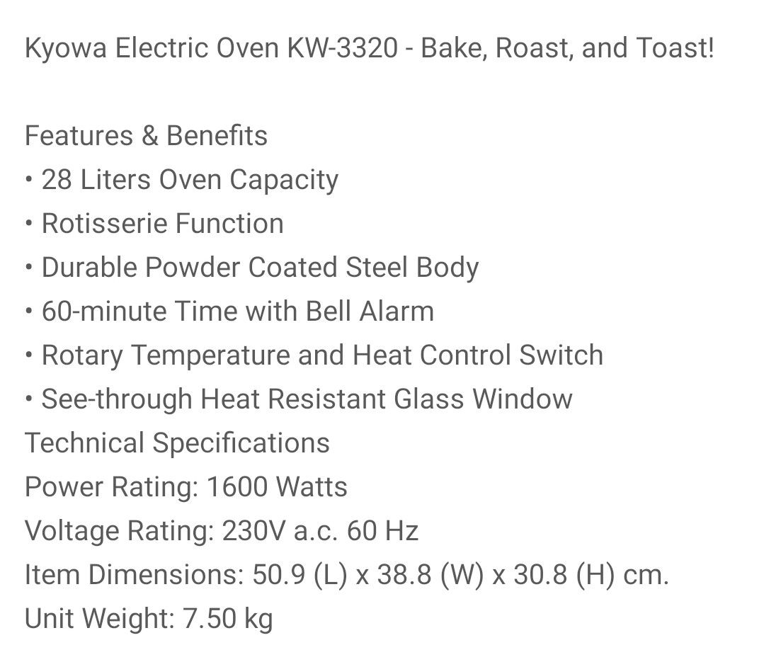 Kyowa Electric Oven 28L, TV & Home Appliances, Kitchen Appliances