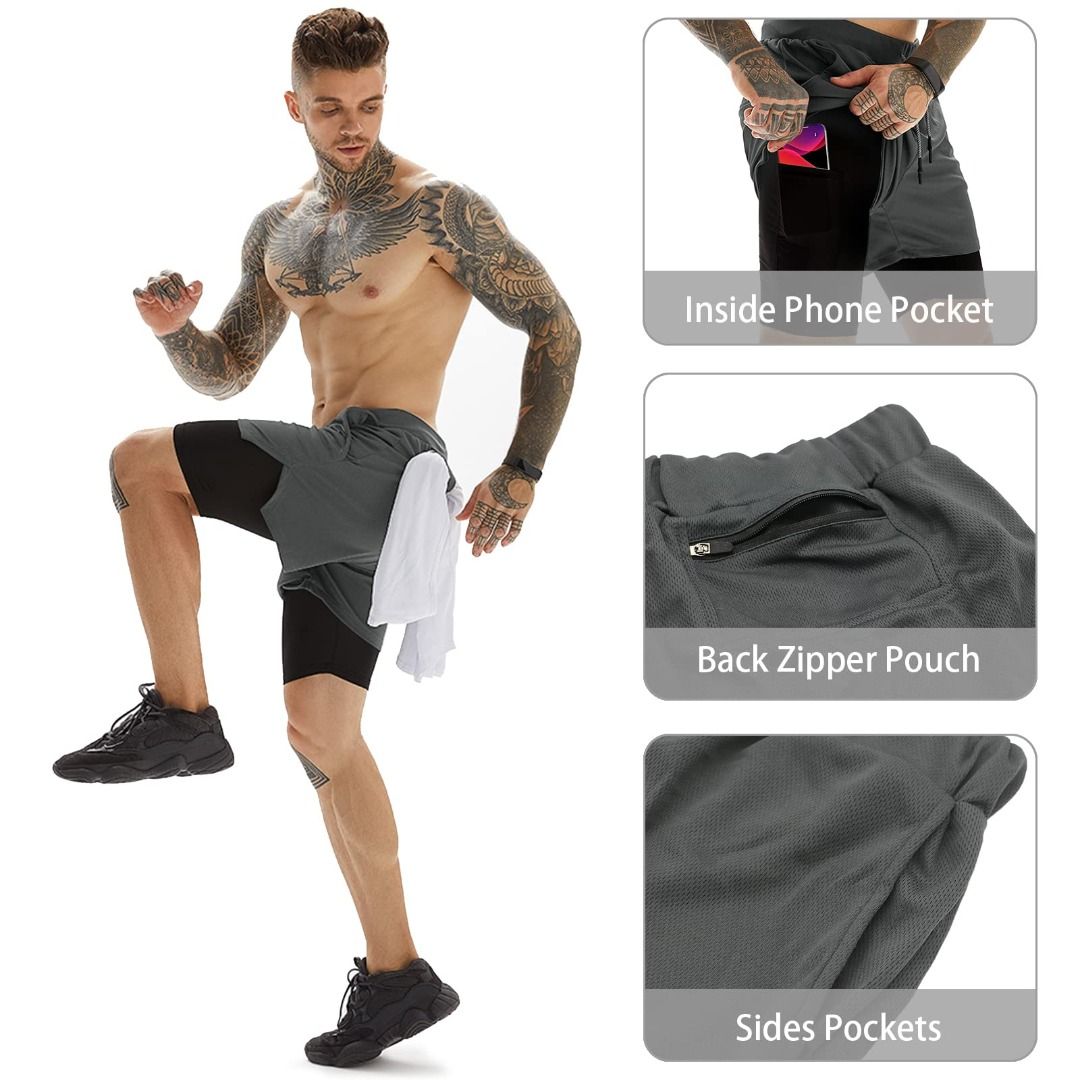 2 In 1 Running Shorts With Phone Pocket Gym Workout Quick Dry Mens