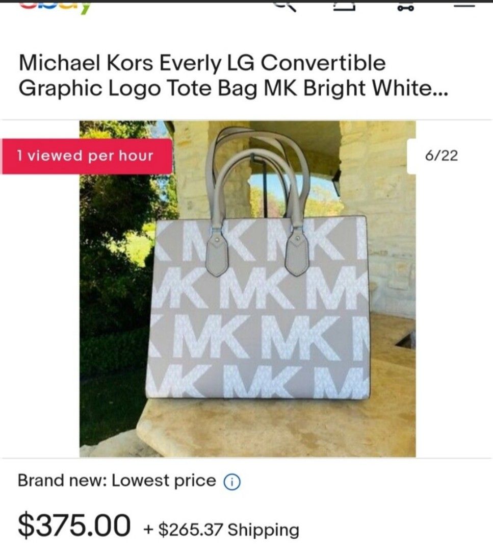 Michael Kors Everlyn Large Satchel Convertible Tote Graphic Logo MK Black  White