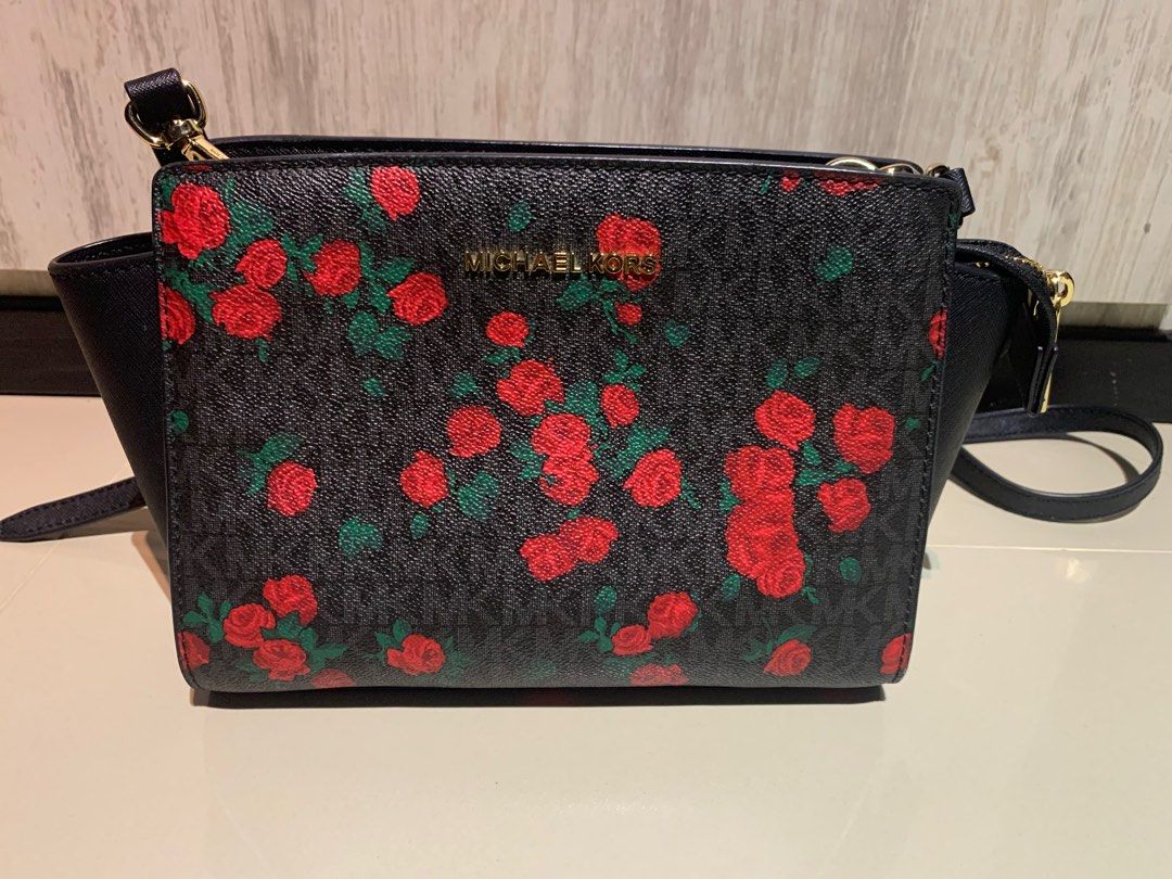 Michael kors black purse with red roses sales