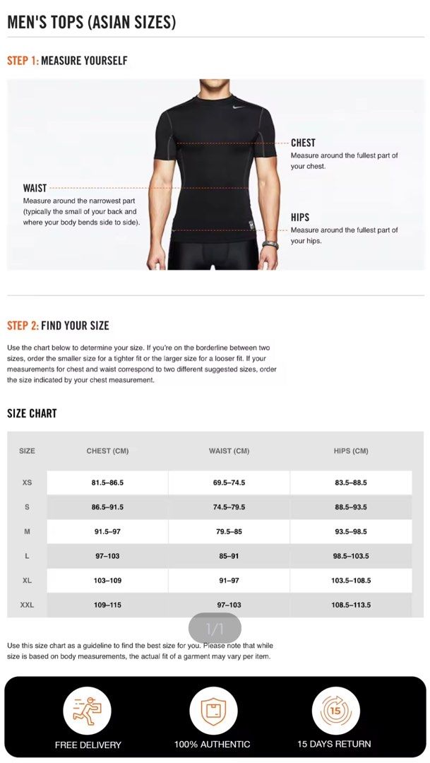 Nike men's t top shirt size chart