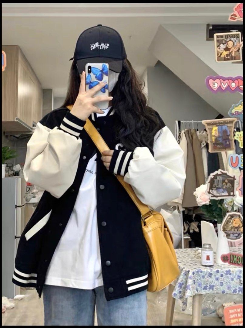 oversized black varsity baseball jacket Women s Fashion Coats