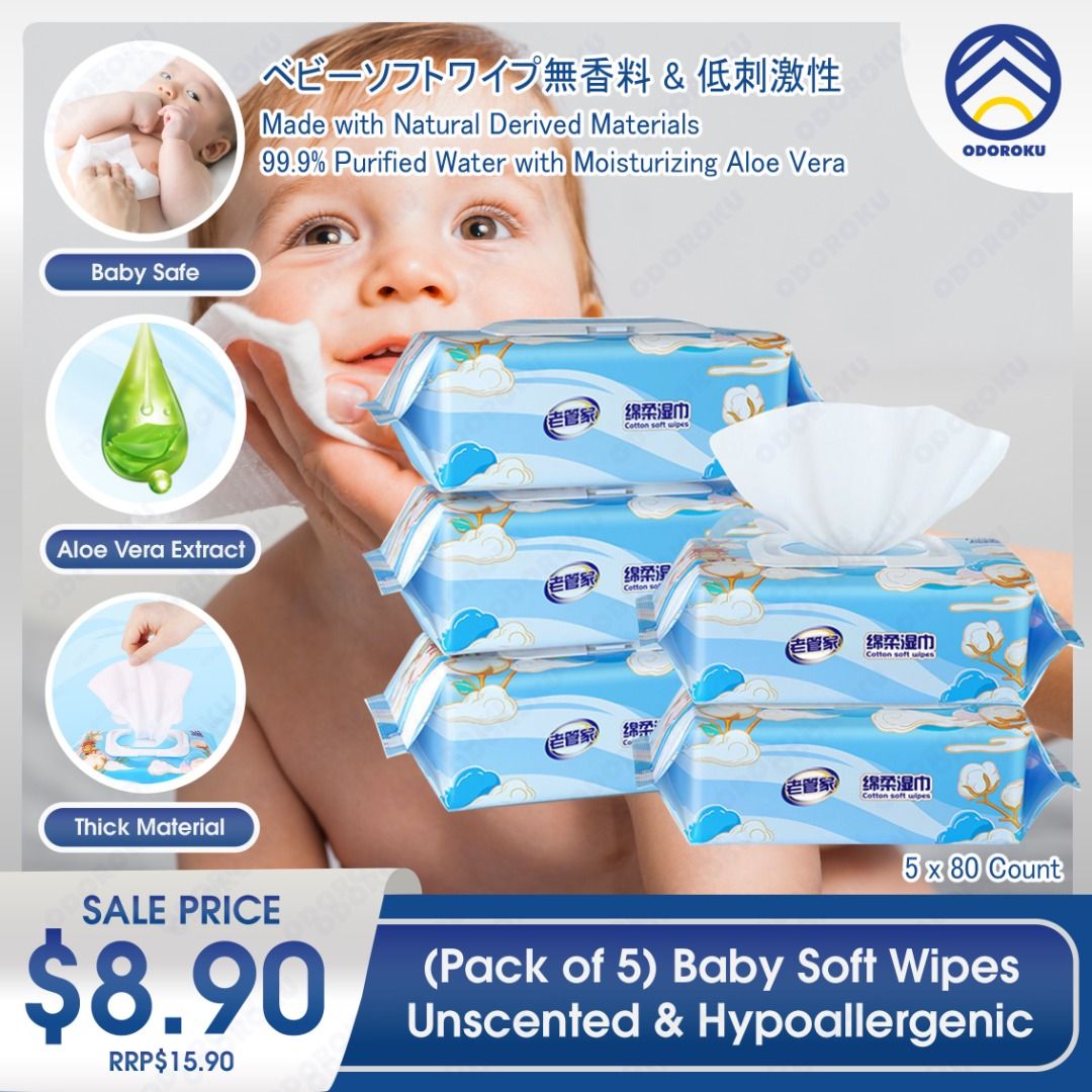 Pack of 5 ODOROKU Baby Soft Wipes 80 Count Unscented Fragrance Free Baby Diaper Wipes Hypoallergenic 99 Purified Water with Moisturizing Aloe Vera