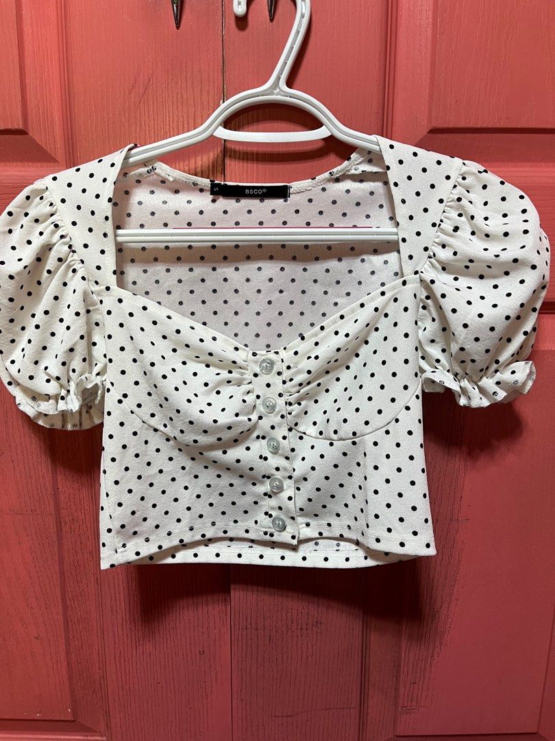 White top with store polka dot puff sleeve