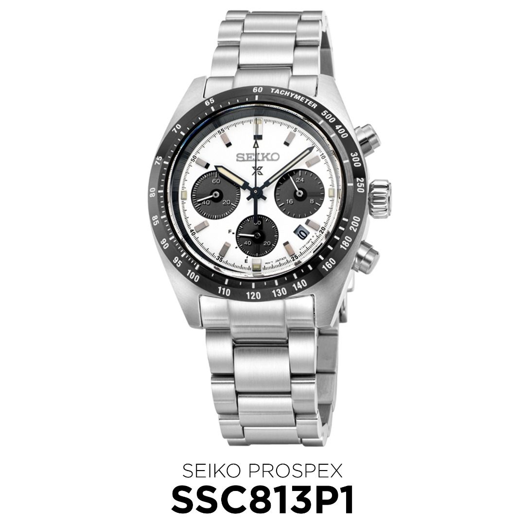 Seiko Prospex Panda Black & White Speedtimer Chronograph Solar Watch SSC813 SSC813P1 (Category: Luxury Watches) located in San Juan City. Submitted by canaantime (Listing ID 1237390011, Image 1). Description: Caliber Number: V192 Movement Type: Solar Accuracy: ±15 seconds per month Case Material: Stainless steel Crystal: Curved sapphire crystal Crystal Coating: Anti-reflective coating on inner surface LumiBrite: LumiBrite on hands and index(es) C