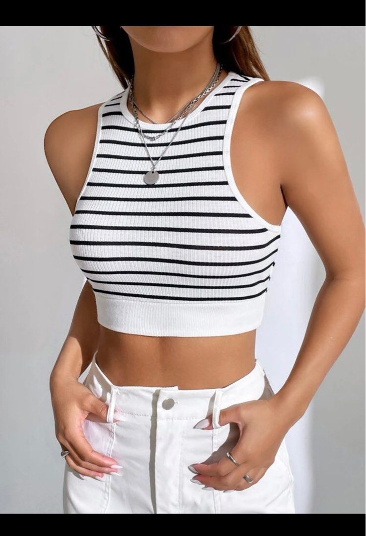 Shein Ezwear Striped Cold Shoulder Crop Tee