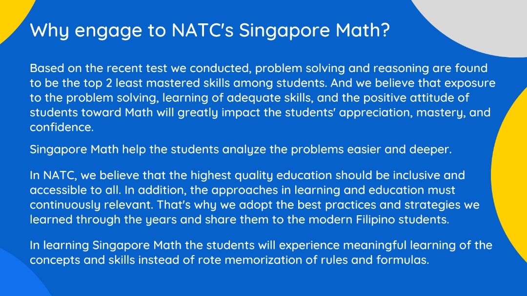 Singapore Maths, Mathematical Olympiad Program, After-School Support, Homeschool and other tutoring services (Category: Tuition Services) located in Caloocan City. Submitted by asuncionnerilou1-68520 (Listing ID 1237352391, Image 3). Description: Hi! We are NATC. We offer wide range of tuition services including Singapore Maths, Competitive Math, After-School support, Homeschool assistance, and more. MISSION Our mission is to contribute and have 