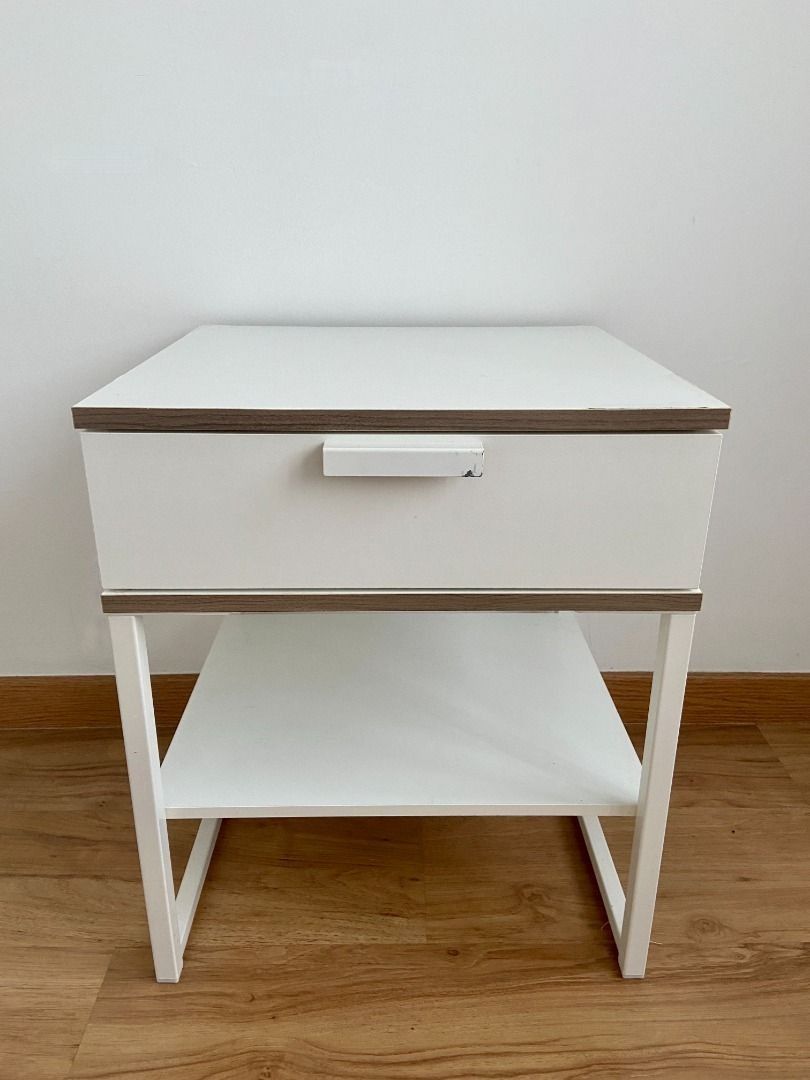 TWO White bedside table IKEA TRYSIL (Category: Tables & Sets) located in Kuala Lumpur. Submitted by georgialcb (Listing ID 1237463103, Image 1). Description: Slight wear and tear on the top and a few watermarks. Everything else looks great and works fully. For collection or for the buyer to arrange Lalamove..