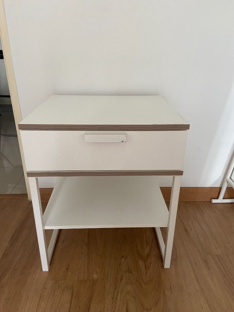 TWO White bedside table IKEA TRYSIL (Category: Tables & Sets) located in Kuala Lumpur. Submitted by georgialcb (Listing ID 1237463103, Image 2). Description: Slight wear and tear on the top and a few watermarks. Everything else looks great and works fully. For collection or for the buyer to arrange Lalamove..