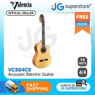 Valencia 300 Series Classical Full Size Acoustic Electric Guitar Natural with Cutaway, Built-In Chromatic Tuner, 6-String Nylon, 19 Frets for Student Musicians, Beginner Players | VC304CE | JG Superstore