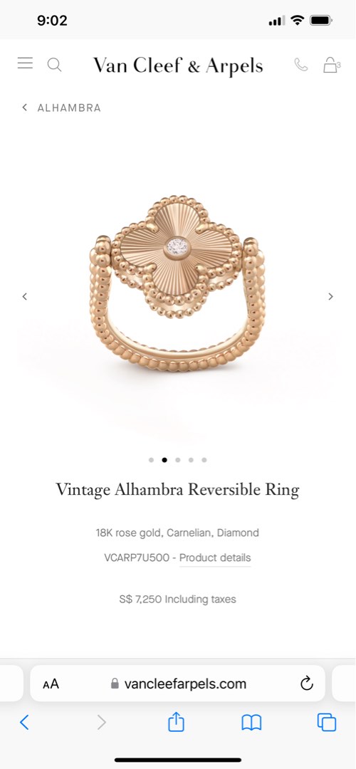 Van Cleef & Arpels 18K Rose Gold Guilloché and Carnelian Vintage Alhambra  Reversible Ring