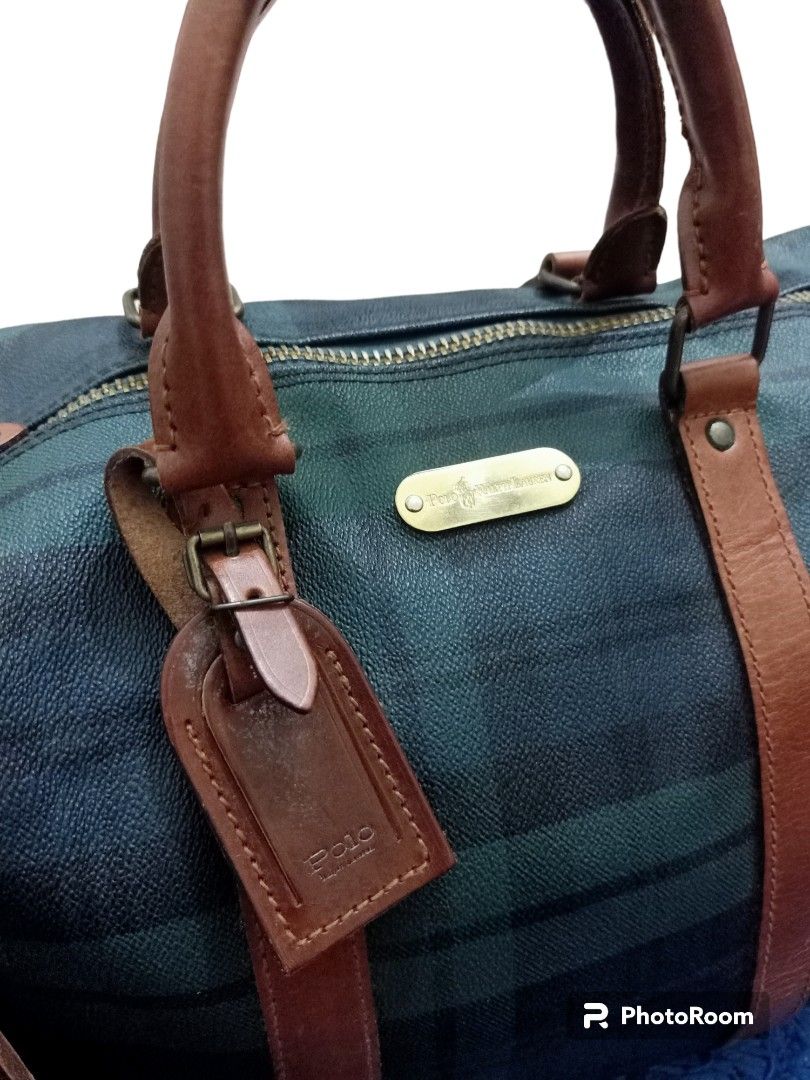 Vintage Polo Ralph Lauren Plaid Burgundy Zip Leather Boston Bag Handbag