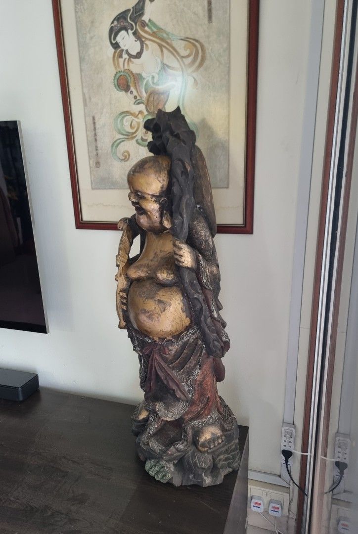 Antique Old Laughing Buddha Wood Statue, Hobbies & Toys, Memorabilia