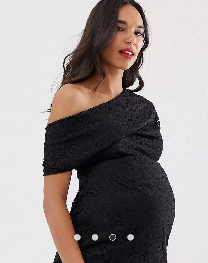 ASOS black lace off shoulder midi maternity dress for party formal dinner event occasion