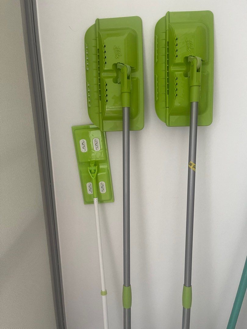 Assorted sweepers and Scotch Brite mops, Furniture & Home Living