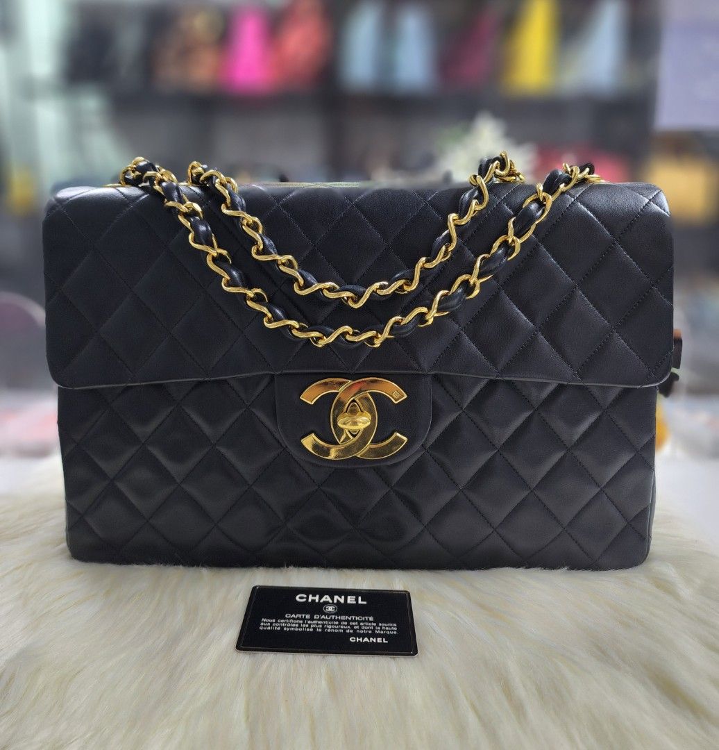 Vintage Chanel XL Maxi Flap Bag Beige Lambskin Gold Hardware – Madison  Avenue Couture