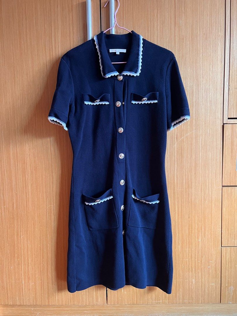 self portrait navy knit taffeta midi dress Navy Taffeta Midi Dress – self-portrait-US main image 1