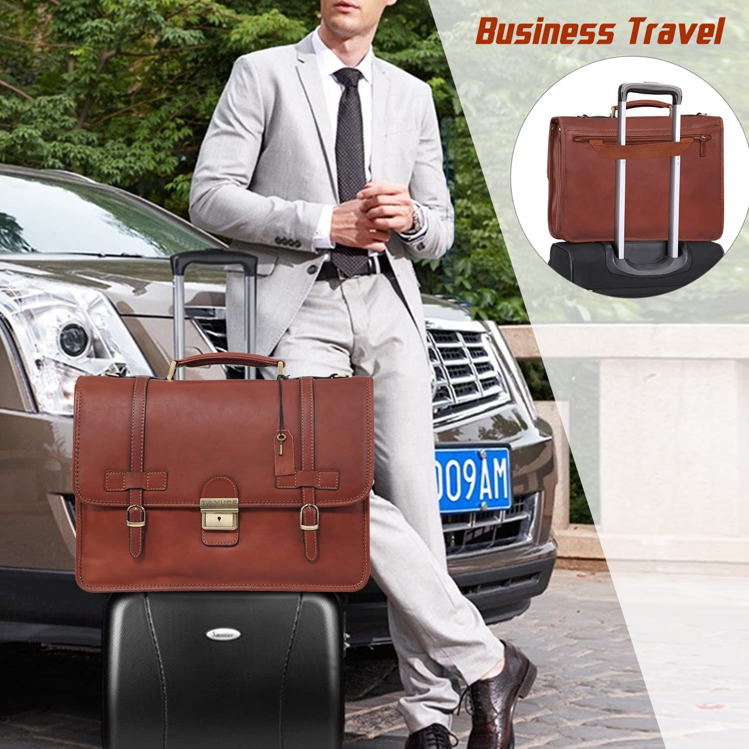 Banuce Full Grains Italian Leather Briefcase for Men with Lock Attache ...