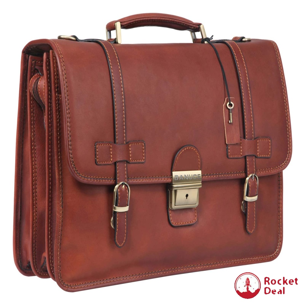 Banuce Full Grains Italian Leather Briefcase for Men with Lock Attache ...