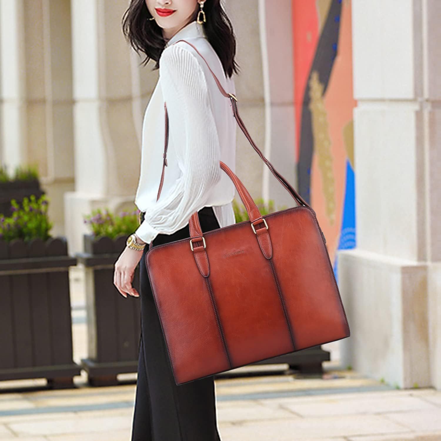 Banuce Full Grains Italian Leather Briefcase for Women 14 Inch Laptop Business Bags Attache Case Ladies Satchel Purses Shoulder Handbags