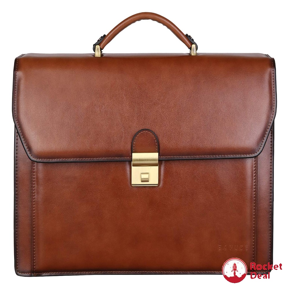 Banuce Vintage Leather Briefcase for Men with Lock Attache Case 14 Inch