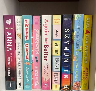 books for sale! (anna and the french kiss, tell me three things, tweet cute, sunkissed, again but better, all the bright places, skyhunter, the unhoneymooners, dial a for aunties)