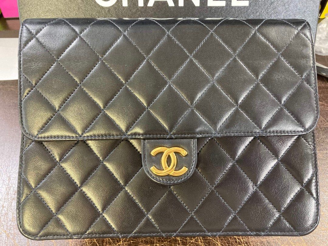 Chanel Vintage Square Classic Mini Single Flap Quilted Black Lambskin 24k  Plated