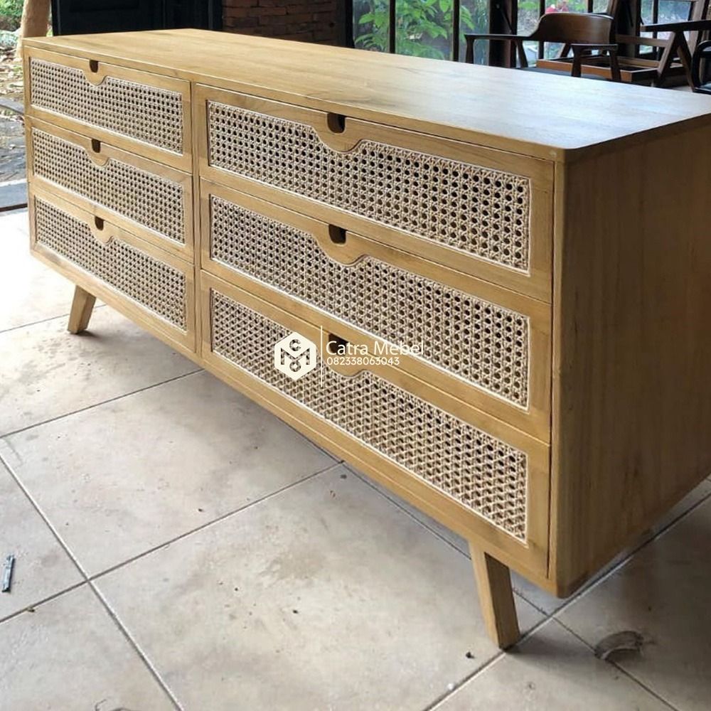 Credenza TV Minimalis Modern, Buffet TV Minimalis Jati Kombinasi Rotan