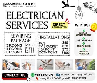 Cheapest Direct Electrical | Electrician | Electrical Rewiring Services | Electrical | Whole House Electrical Rewiring  | HDB BTO Package | Lighting Point | Tripping Problems Issue | Powerpoint | Single Power Point | Others Installation
