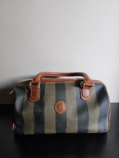 Fendi Bauletto Pequin Stripe Canvas Black Grey Vintage Satchel Purse Boston  Bag 