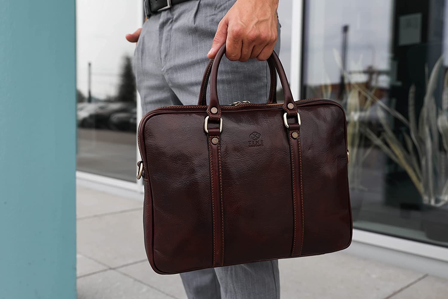 Full Grain Leather Laptop Bag Briefcase Unisex Brown Time Resistance