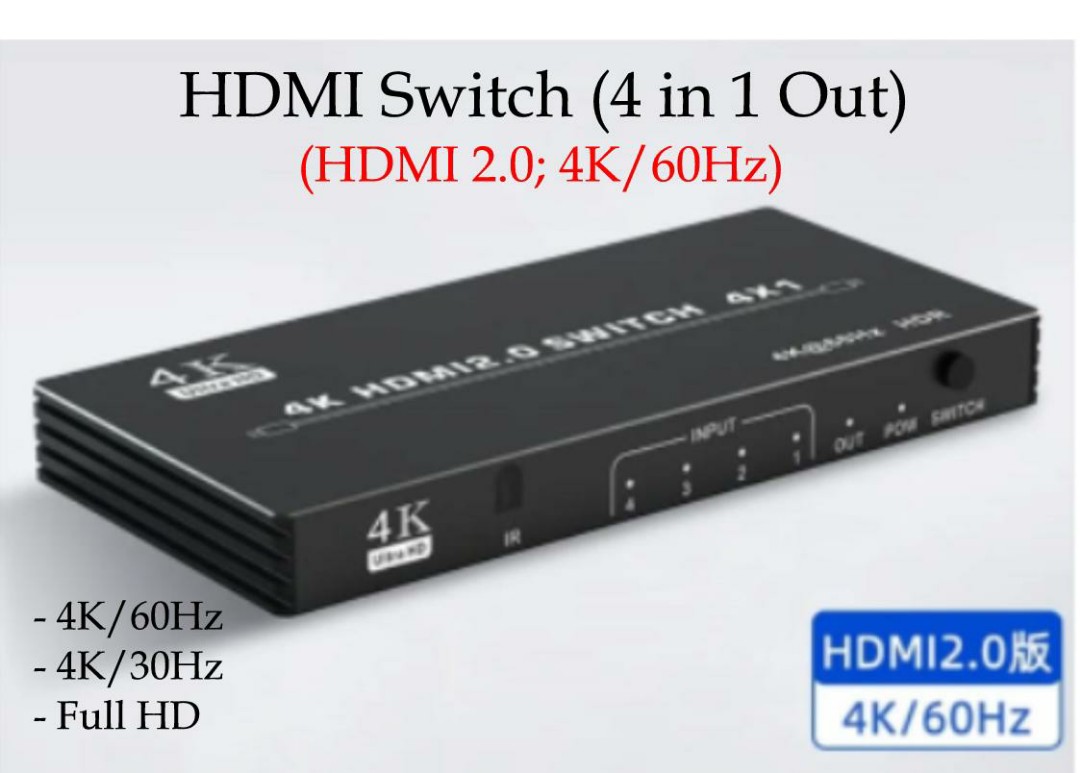 實體商店］4K/60Hz+Full HD, 4 in 1 out HDMI Switch, HDMI Selector