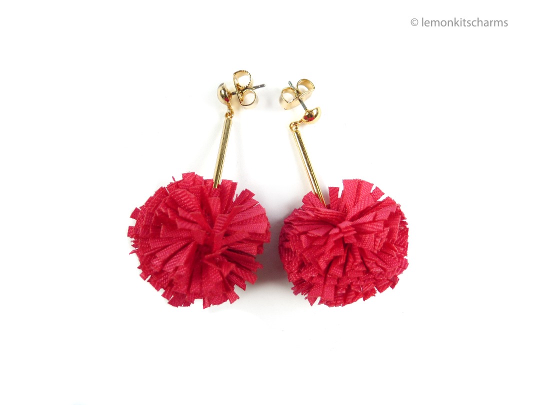 Red pom pom earrings clearance