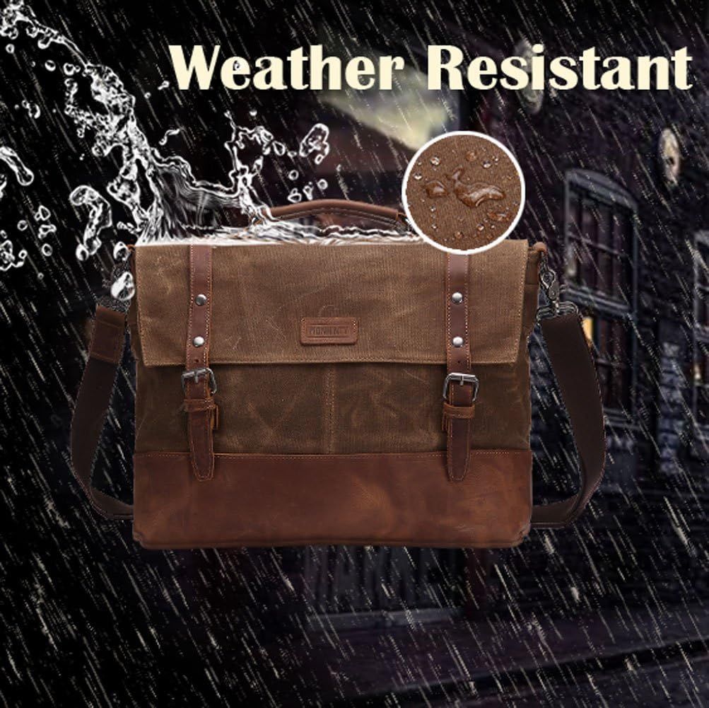 Laptop Messenger Bag for Men 15.6 Inch Waterproof Waxed Canvas Vintage  Genuine Leather Briefcase, Brown