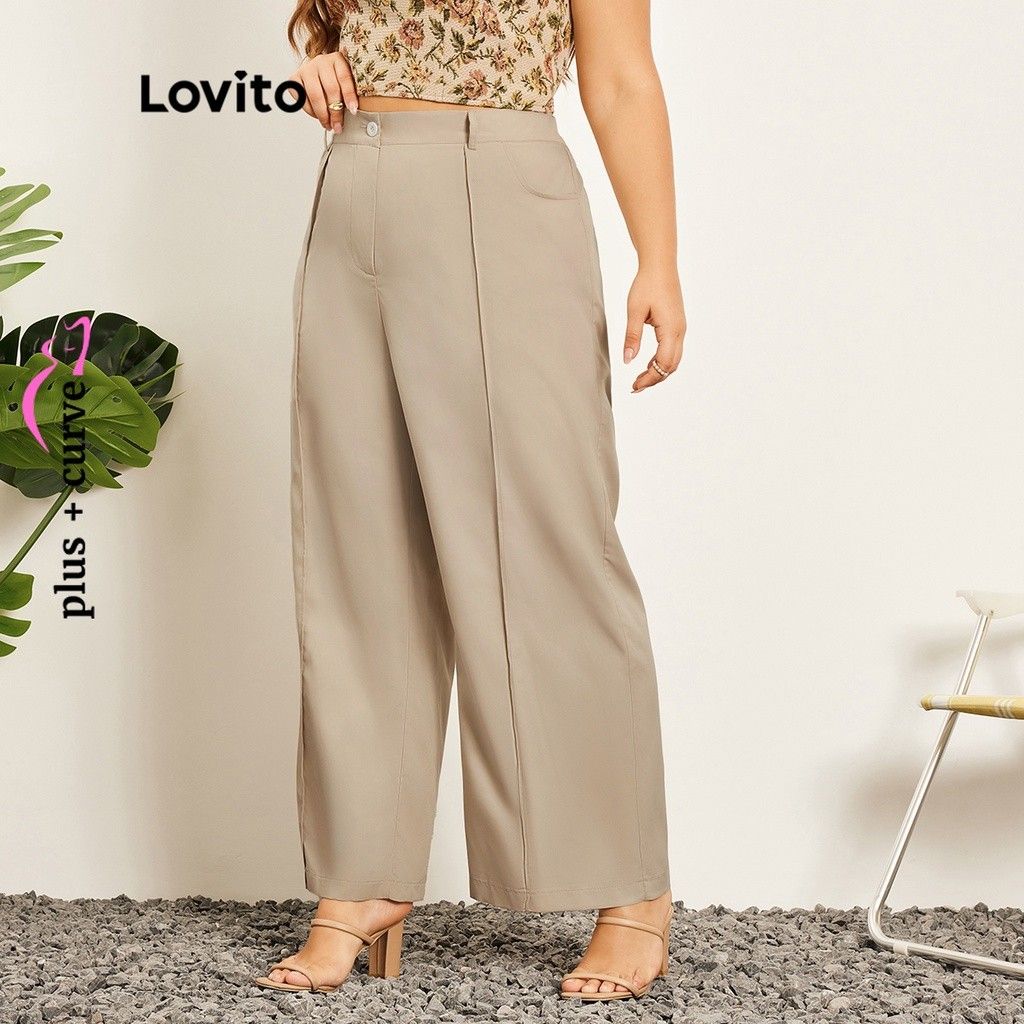 Lovito Plus Size Curve Pants Light Khaki 1XL