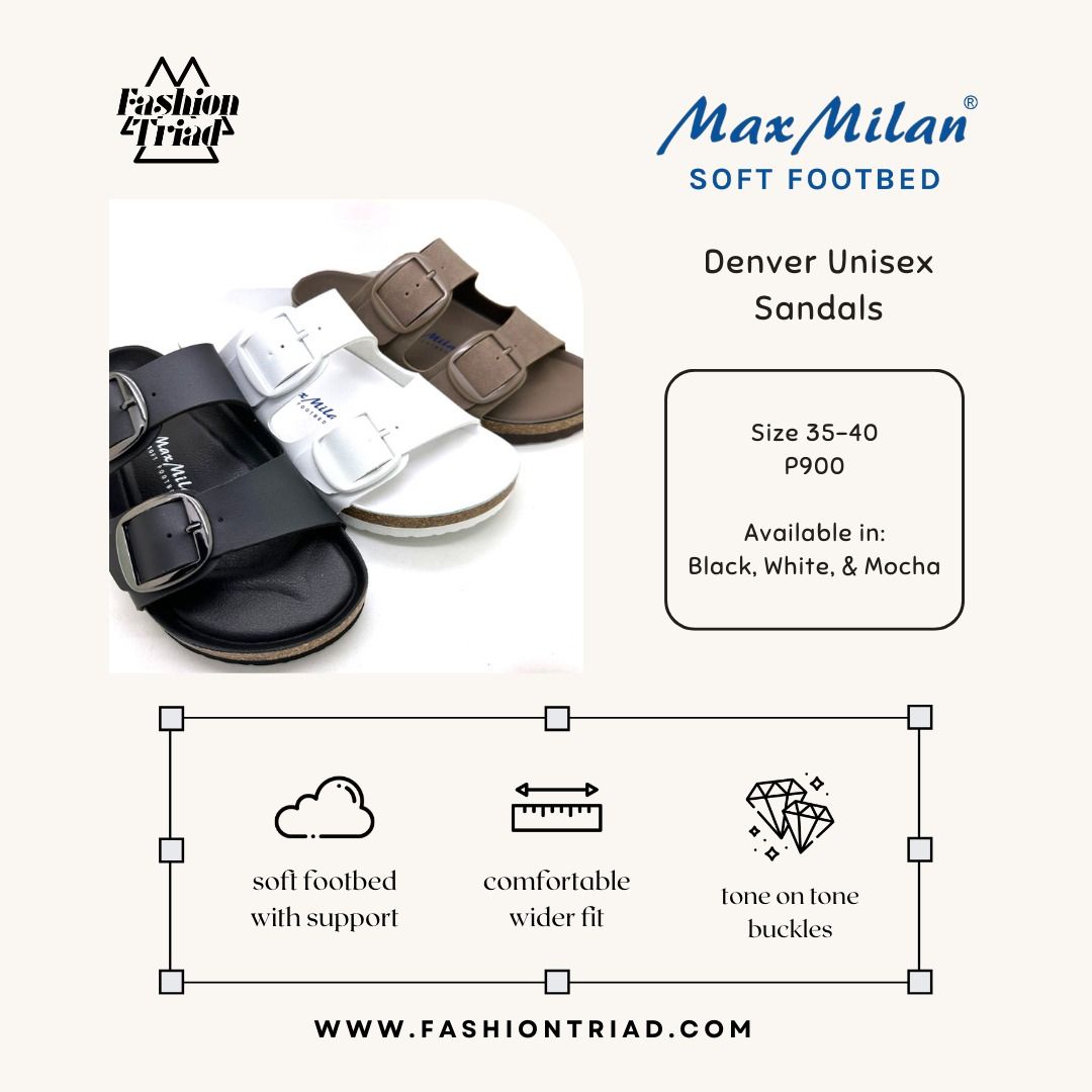 MAXMILAN | Denver Unisex Sandals (Category: Sandals) located in Manila. Submitted by sagecuration (Listing ID 1237574318, Image 2). Description: Brand: Maxmilan Available sizes: 35/36/37/38/39/40 Available colors: Black/Mocha/White SRP: ₱900 🛒 Shop via www.fashiontriad.com or send us a DM 🛍️ Shop via Shopee, Lazada, TikTok 💳 Buy Now, Pay Later with BDO Installment & Atome 💵 Pay via credit/debit card, GCash, Grabpay, & more.
