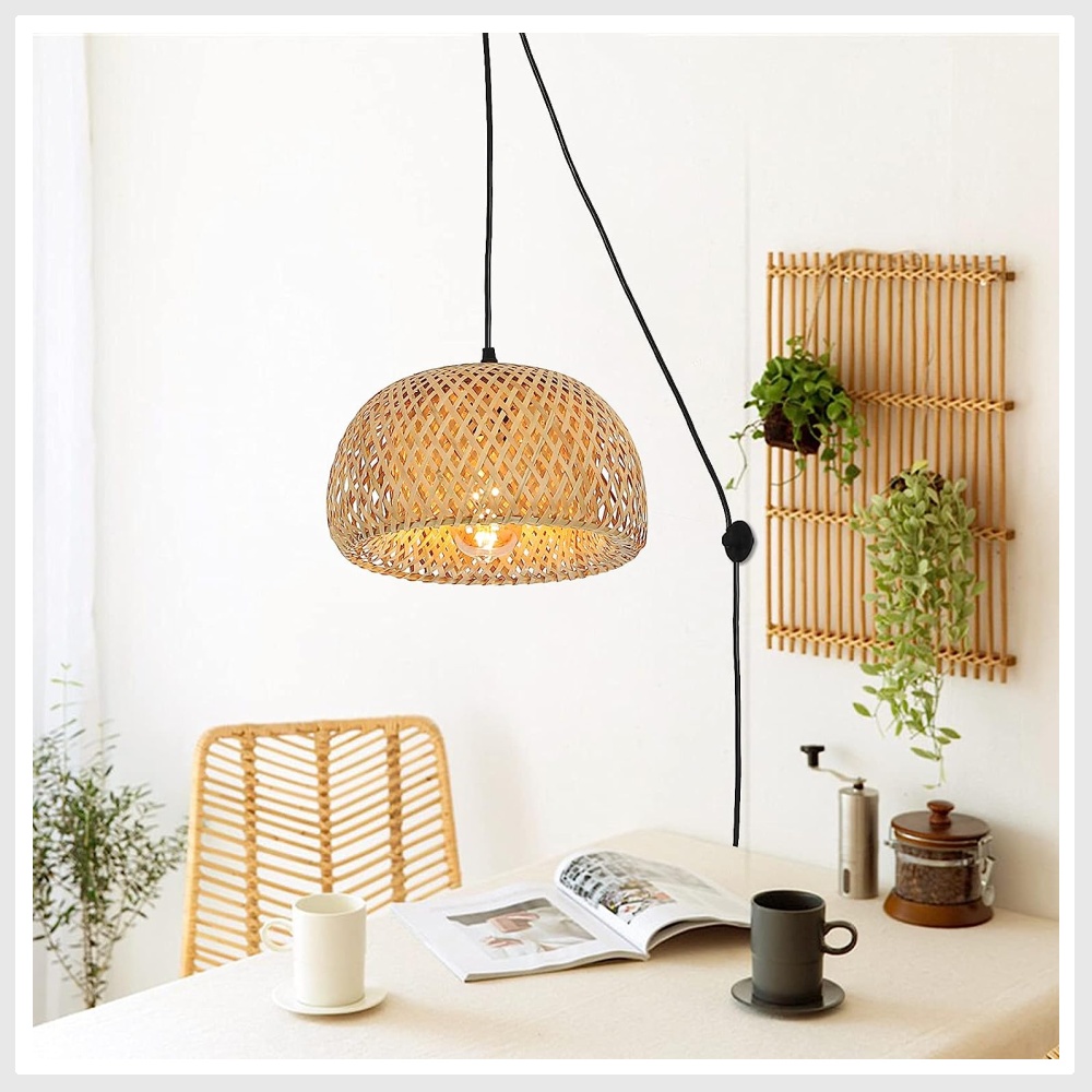 Modern Plug in Bamboo Pendant Light Fixture with Switch Rustic Woven
