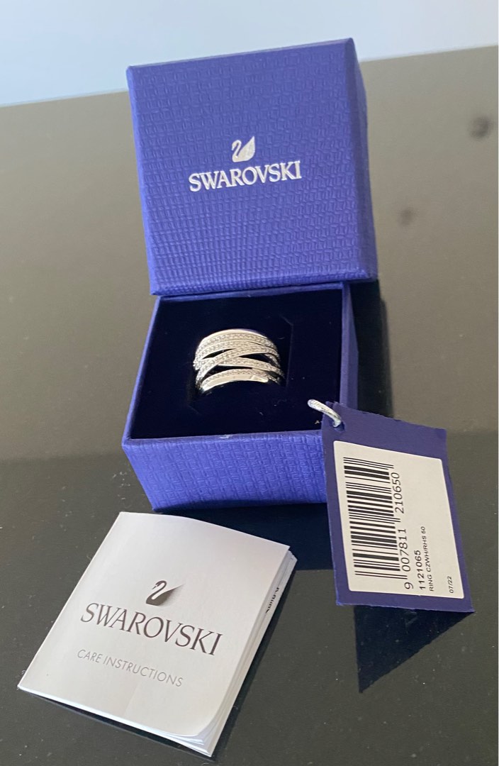 NEW Swarovski Rhodium Plated Size 50 WIDE WHITE CRYSTAL RING