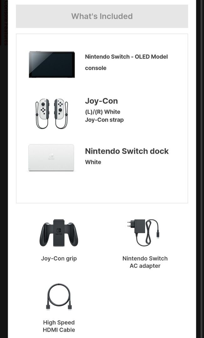 Switch OLED + 2 joy con (JP) (Category: Nintendo) located in Singapore. Submitted by merrypea (Listing ID 1237649531, Image 3). Description: Brand new. Bought in Japan in May 2023. This is a type-A plug, which is two straight prongs, but works with a normal two pin adapter. Voltage/ interface is the same..