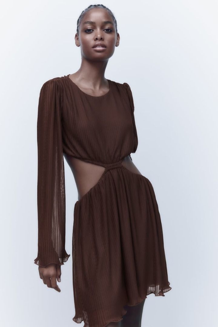 Zara Pleated Cut-Out Dress - Chocolate, Women's Fashion, Dresses & Sets,  Dresses on Carousell