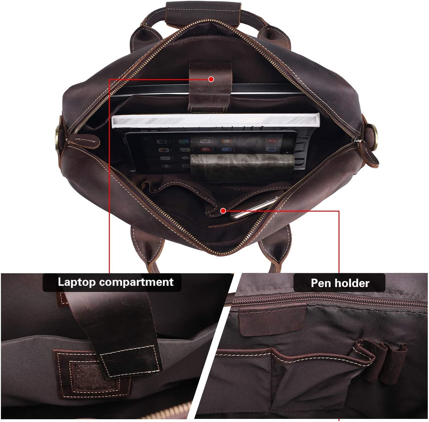 Polare Leather Briefcase for Men Business Travel Messenger Bags 15.6 Inch Laptop Bag YKK Metal