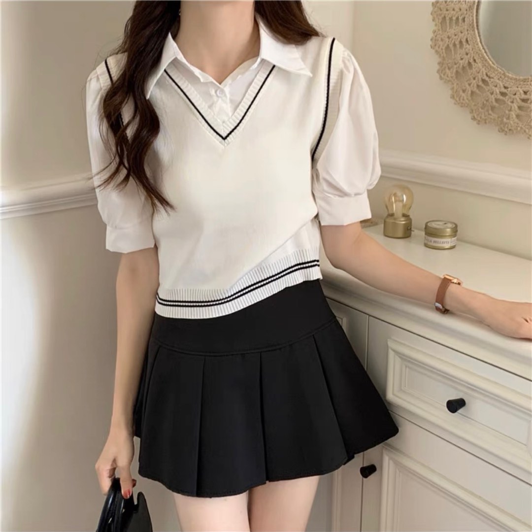 2 in 1 Blouse Sweatshirt Vest Polo Tee T Shirt White Off White