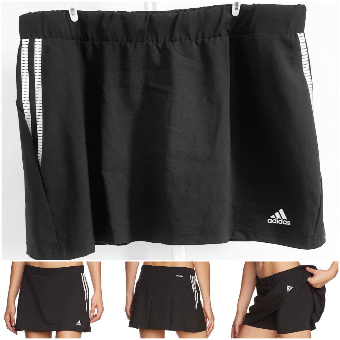 ADIDAS Performance Black White 3 Stripes Climalite Pleated Skort Tennis Golf Sports Athleisure Activities Casual Stylish Wear Monochrome Shorts