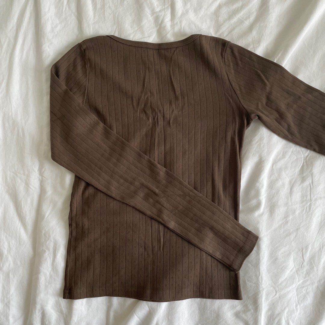 brandy melville brown zelly long sleeve eyelet top, Women's Fashion, Tops,  Longsleeves on Carousell