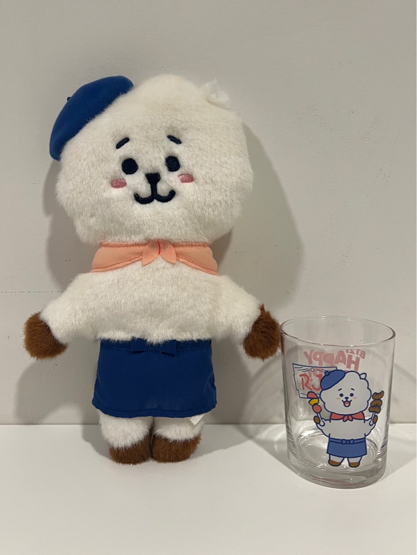 BTS BT21 Happy Camp Jin RJ Plush Toy 24cm Glass Mug 8cm